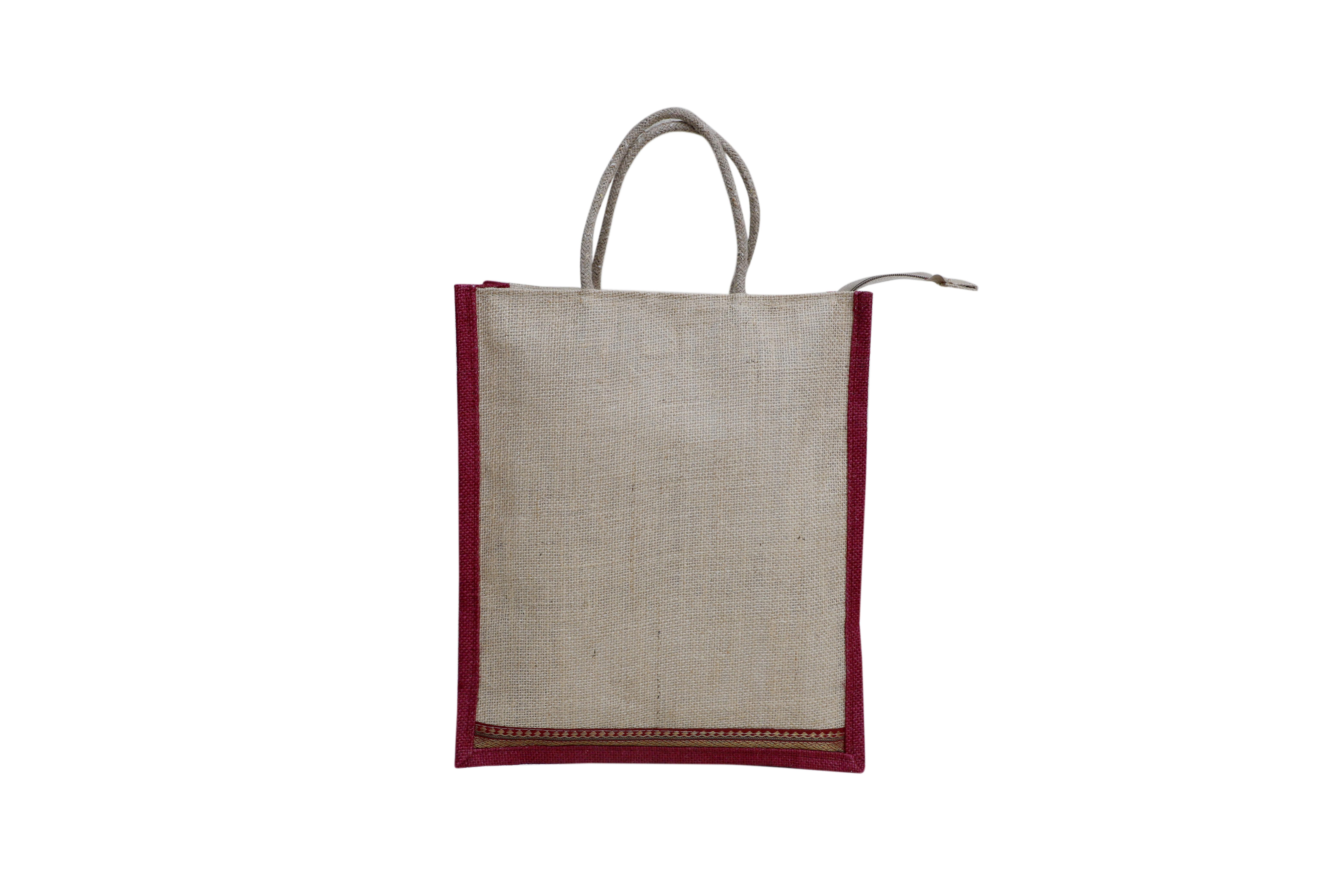VerdantVibes Jute Carry Bag - 14x12x4 Inches | Natural Jute | With lace at bottom | Re-usable | Eco-friendly | Multi-purpose Bag