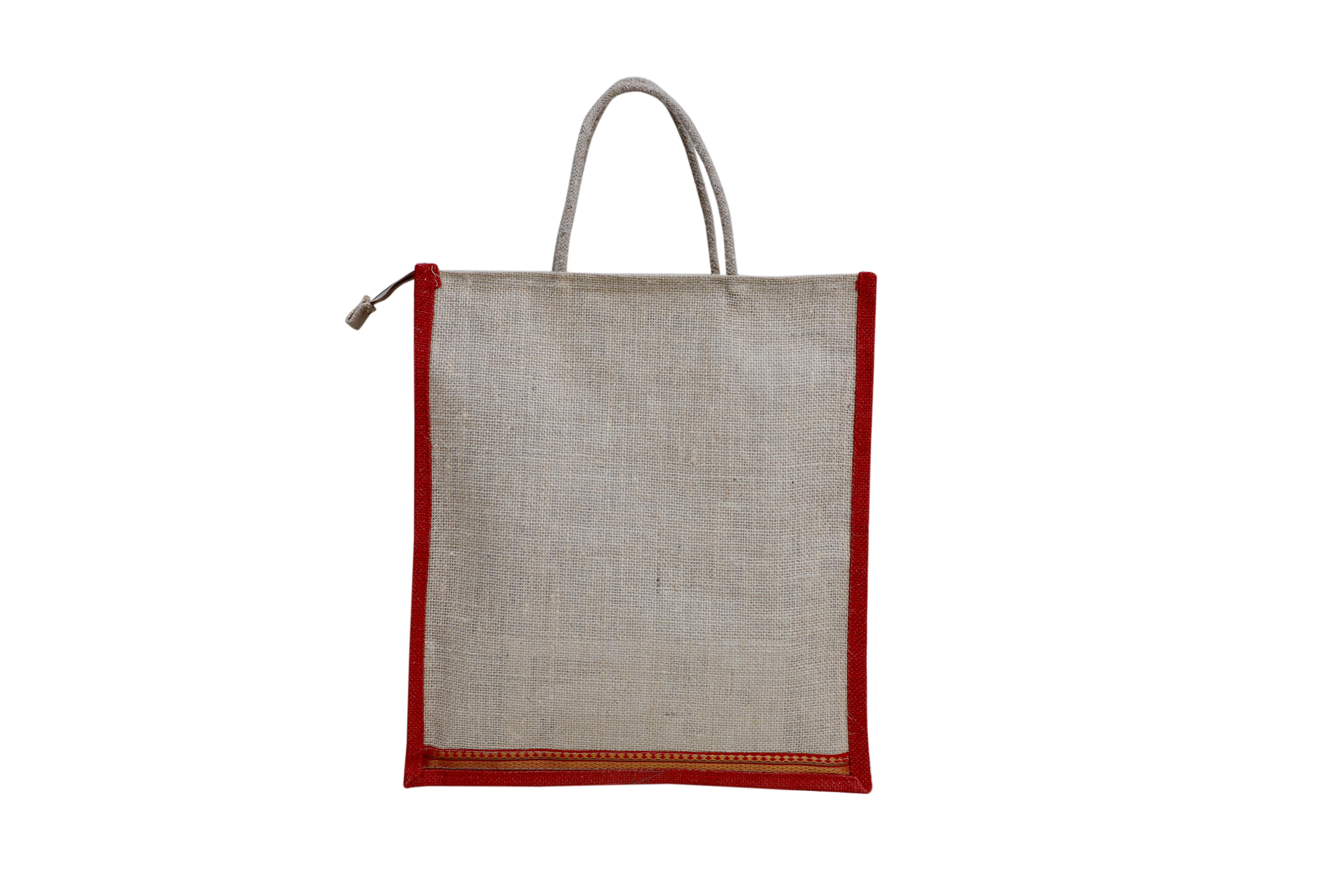 VerdantVibes Jute Carry Bag - 16x14x4 Inches | Natural Jute | With lace at bottom | Re-usable | Eco-friendly | Multi-purpose Bag