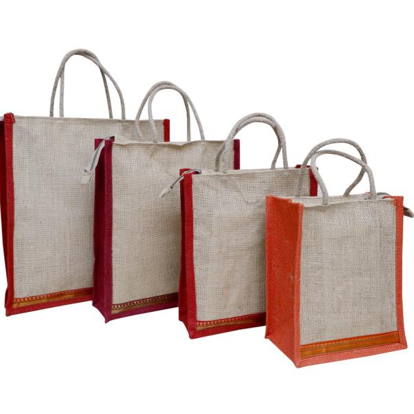 VerdantVibes Jute Carry Bag | Natural Jute | With lace at bottom | Re-usable | Eco-friendly | Multi-purpose Bag | Pack of 4 bags