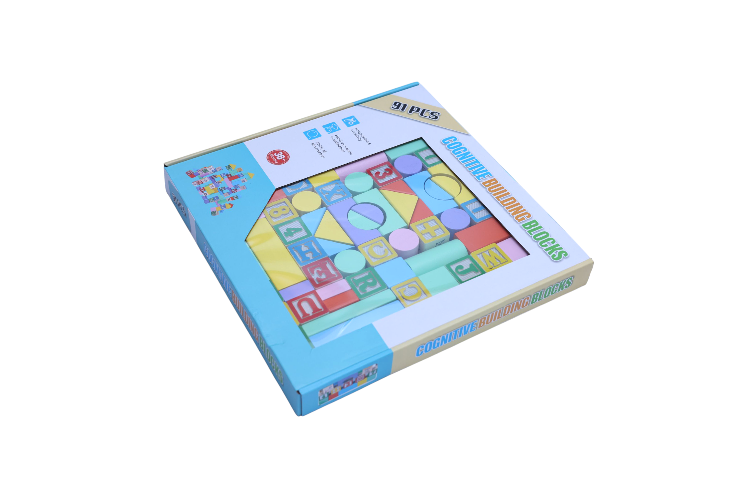 Wooden Cognitive Building Blocks Set for Kids – 91 Pcs | Colorful Shapes, Letters & Numbers | Montessori Educational Toy for Toddlers 3+ | Safe Wooden Learning & Building Play Set