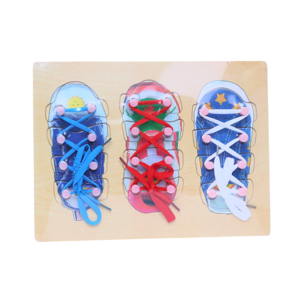 Wooden Shoelace Board for Kids (3+ Years) – Educational Toy with 3 Colorful Shoes & Real Laces – Learn to Tie Shoes – Fine Motor Skill & Hand-Eye Coordination Development for Toddlers