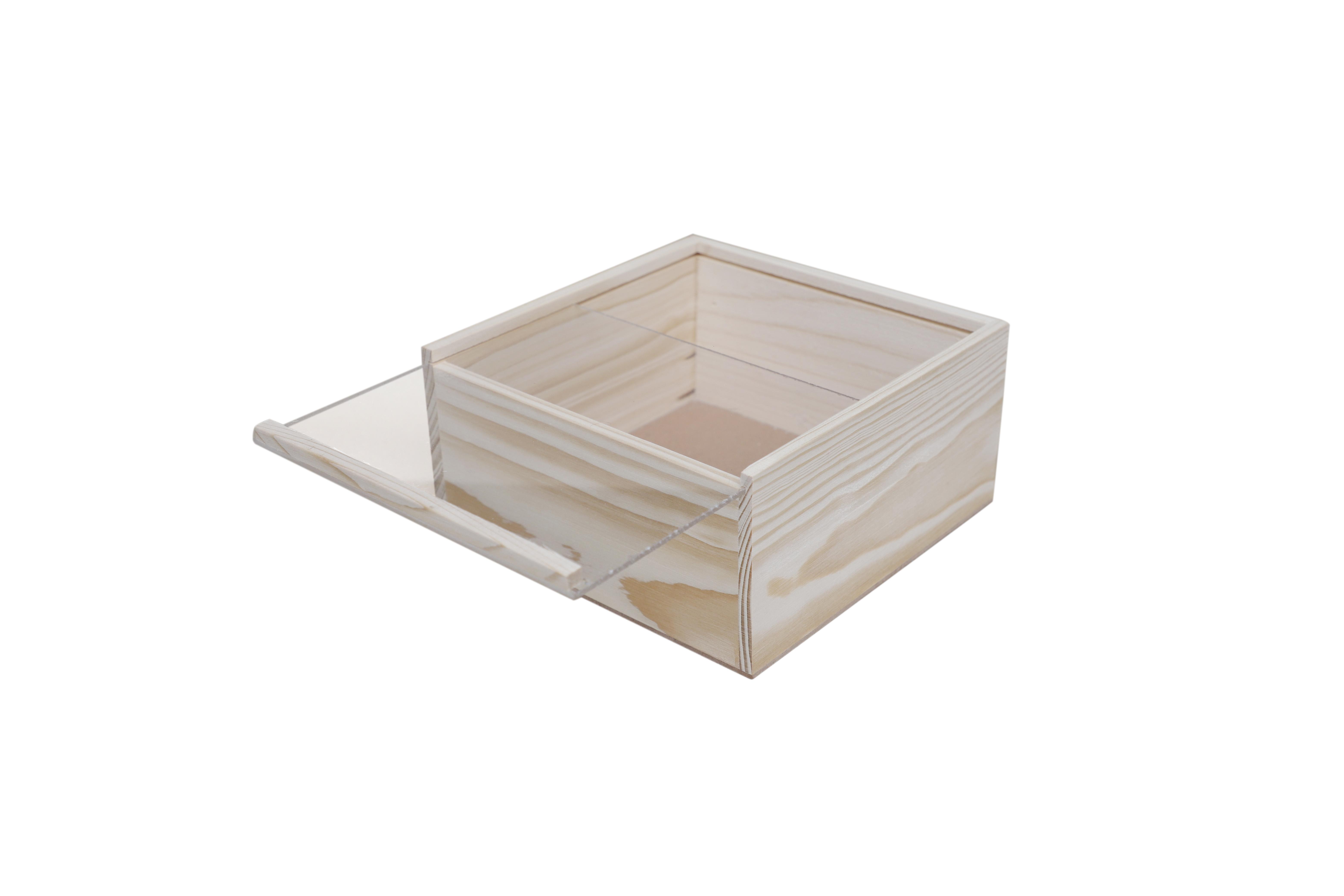 Original Pinewood Box With Acrylic Glass Top - 20x20x10 cm | Square Shaped | Raw Wood Color | Decoration & Gifting