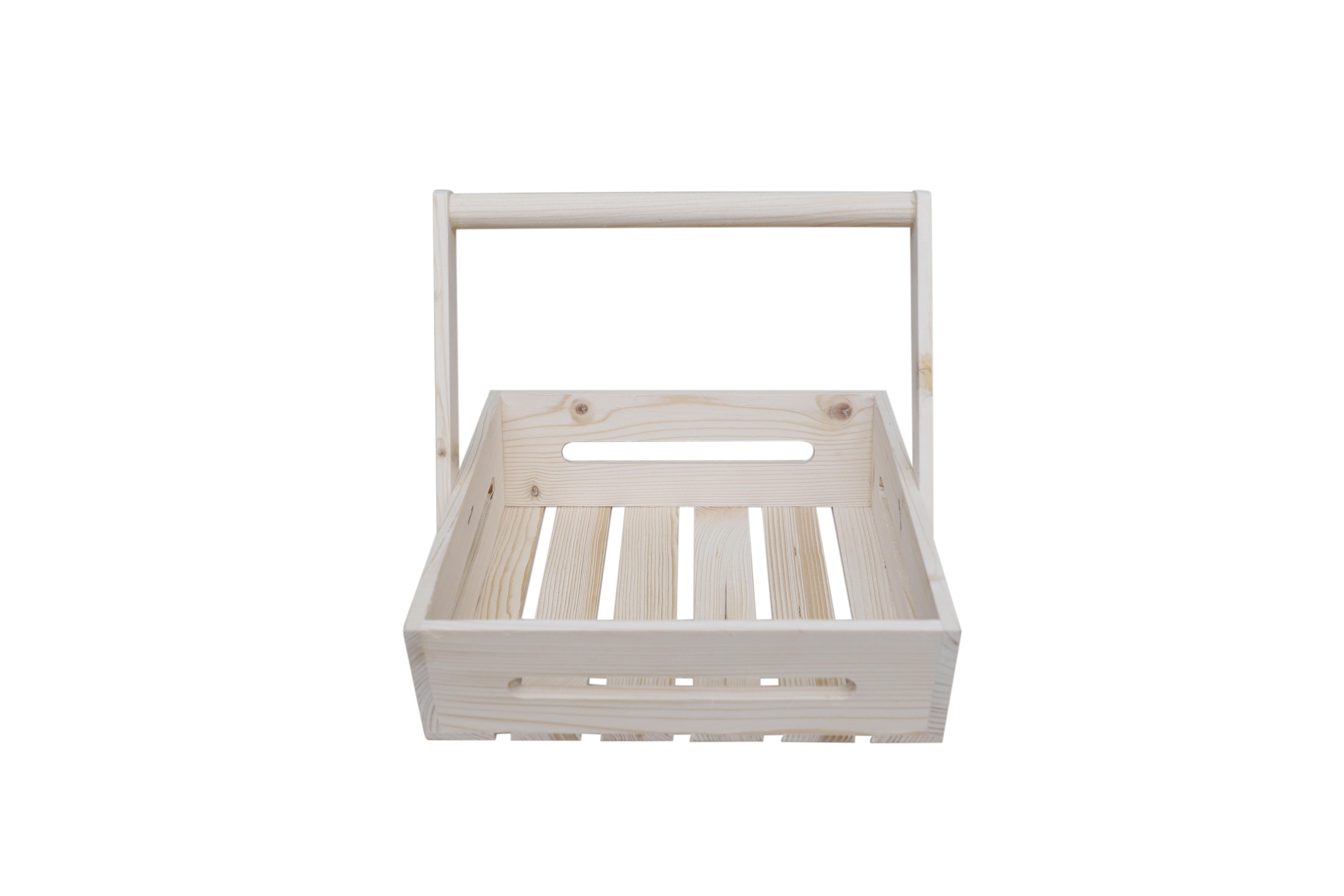 Original Pinewood Rectangle Basket Tray with Adjustable Handle - 25x27x8 cm | Raw Wood Color | Gifting, Decoration & Fruit Basket